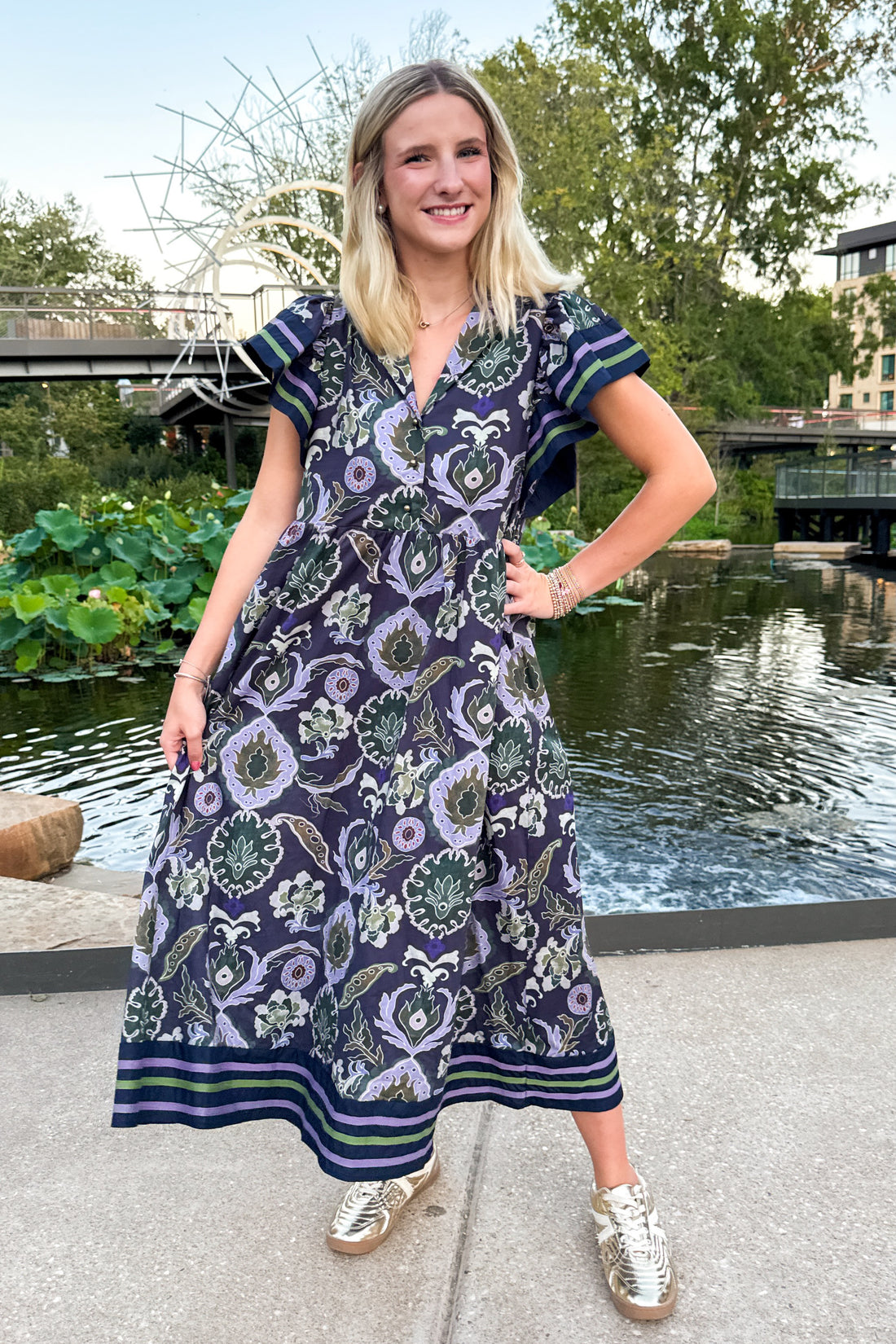 Falling Into Place Purple and Navy Printed Midi Dress by Entro