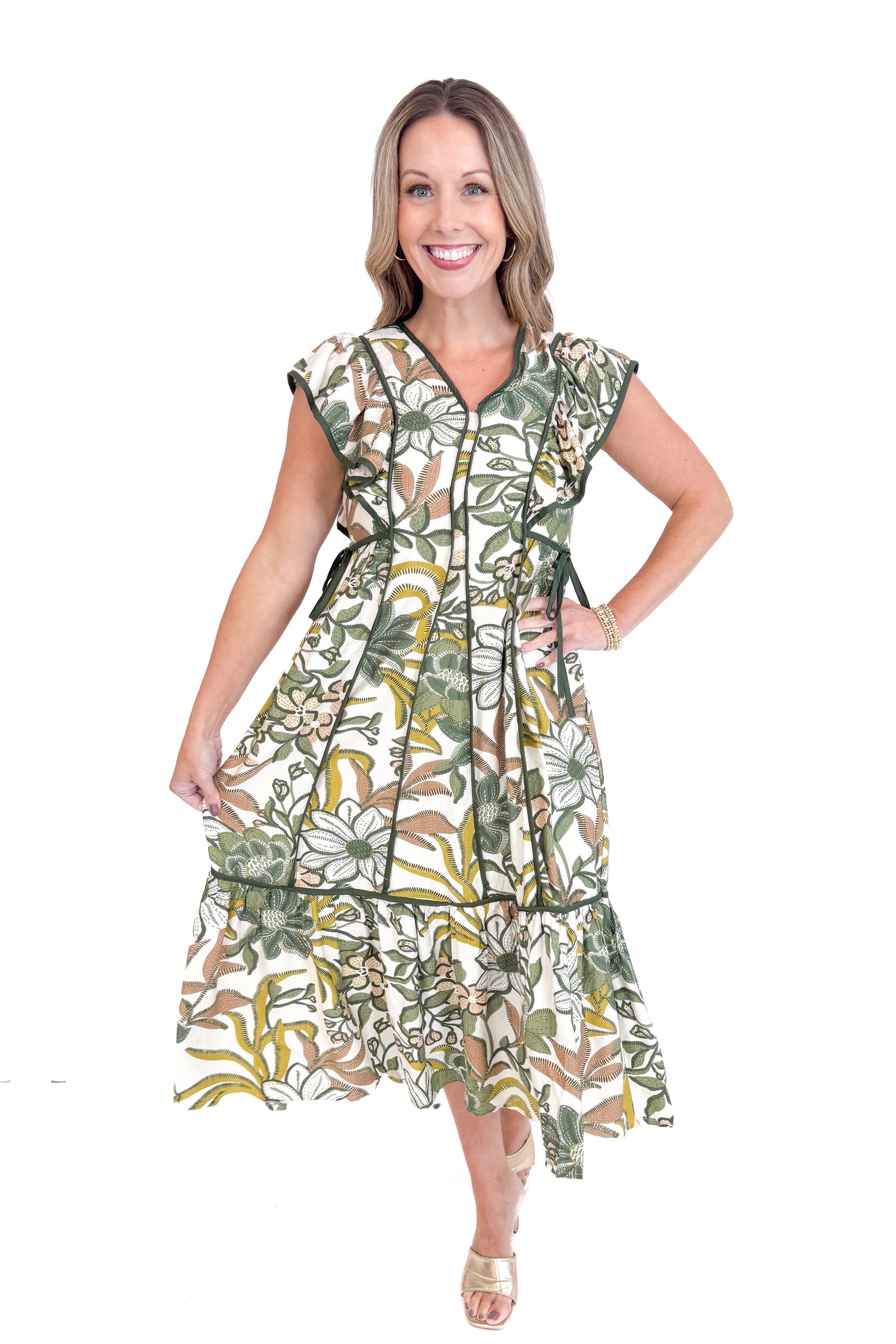 Hey Sunshine Olive Floral Printed Tie Waist Midi Dress by Entro