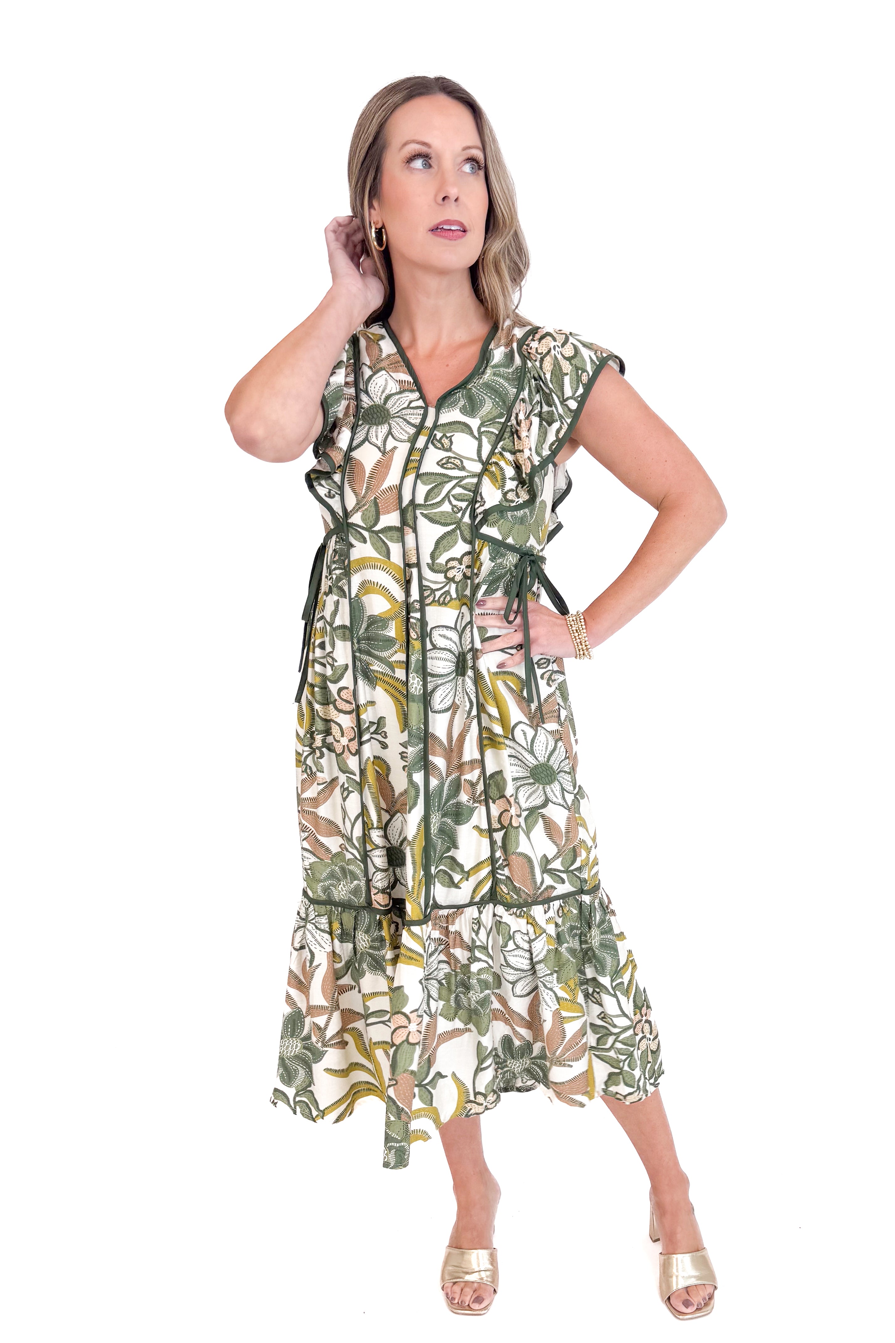 Hey Sunshine Olive Floral Printed Tie Waist Midi Dress by Entro