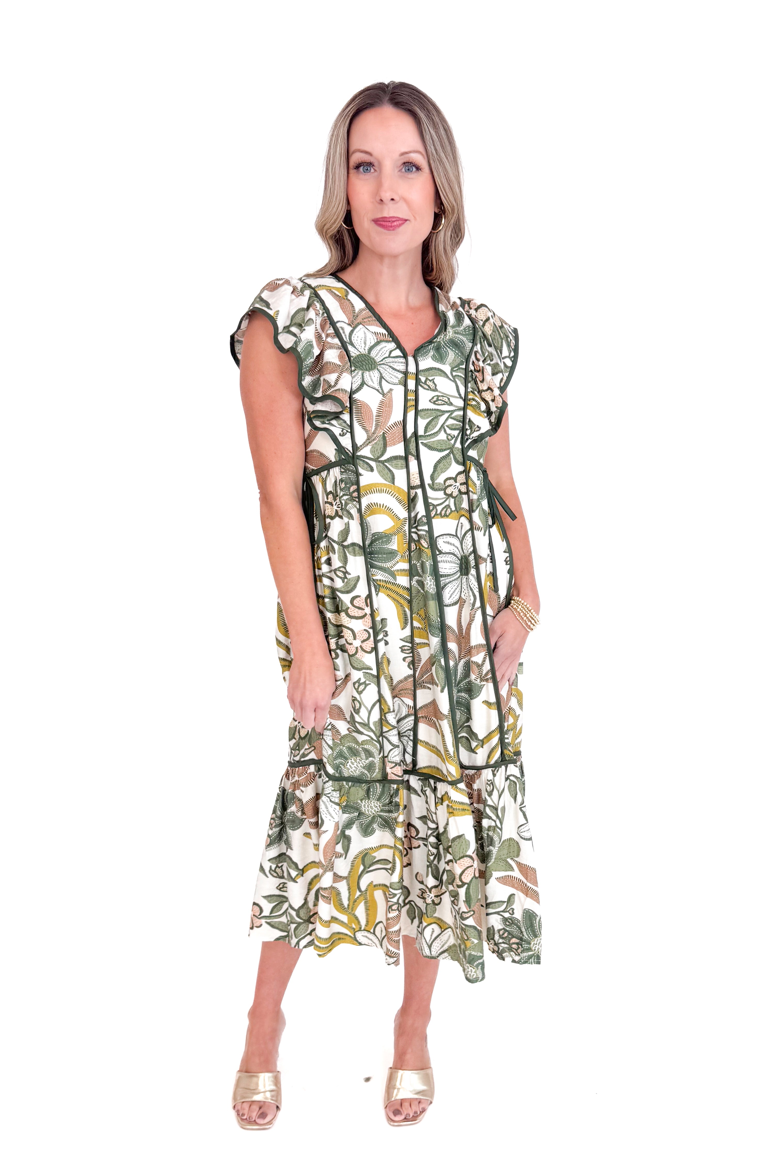 Hey Sunshine Olive Floral Printed Tie Waist Midi Dress by Entro