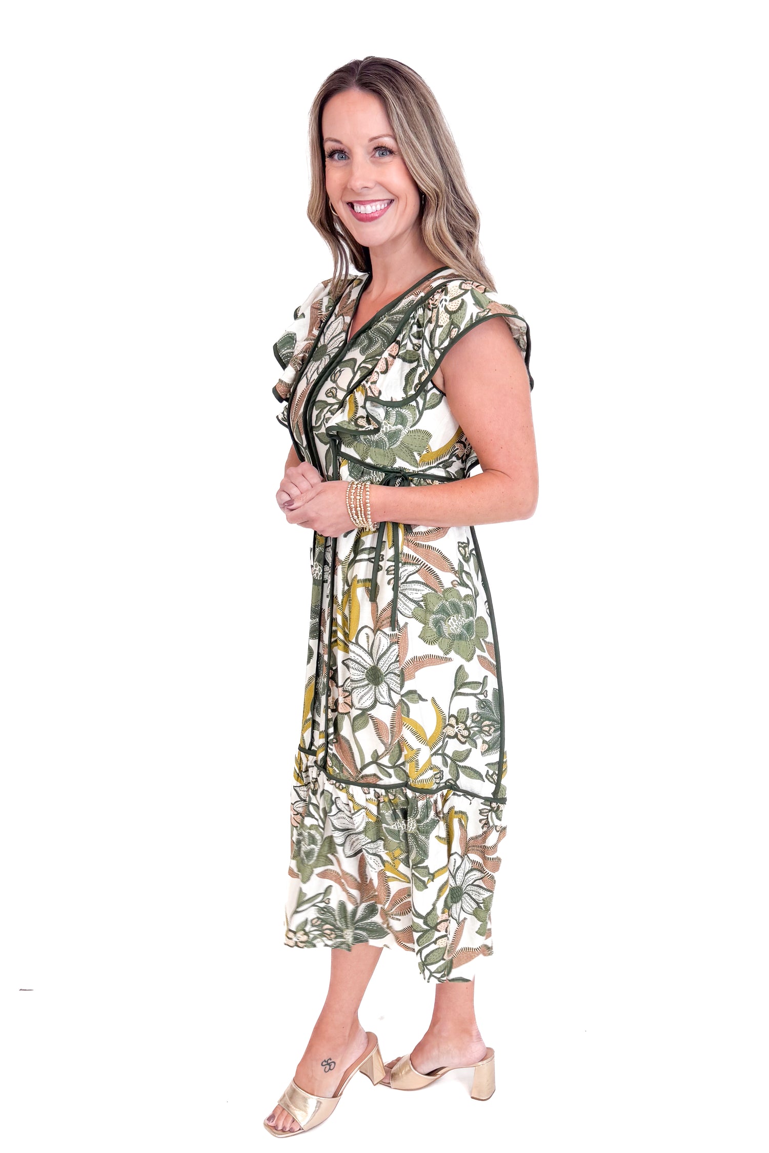 Hey Sunshine Olive Floral Printed Tie Waist Midi Dress by Entro