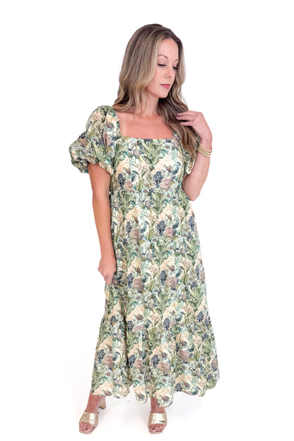 All Dressed Up Olive &amp; Multi Floral Bow Back Midi Dress by Entro