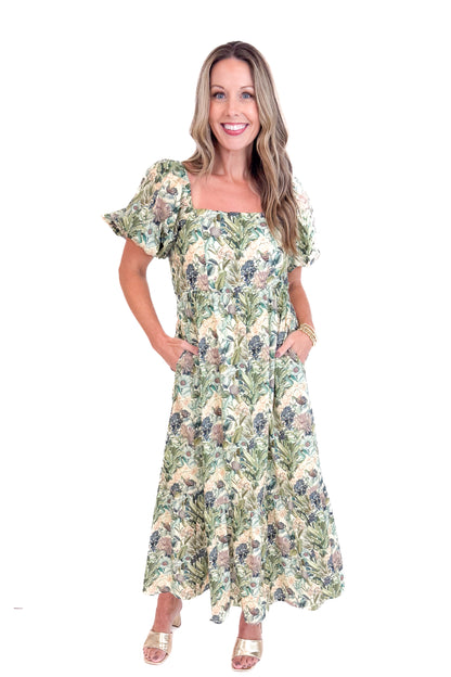 All Dressed Up Olive &amp; Multi Floral Bow Back Midi Dress by Entro