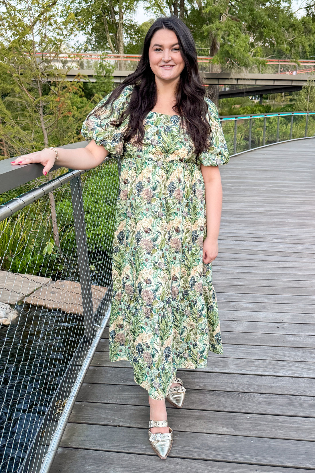All Dressed Up Olive &amp; Multi Floral Bow Back Midi Dress by Entro