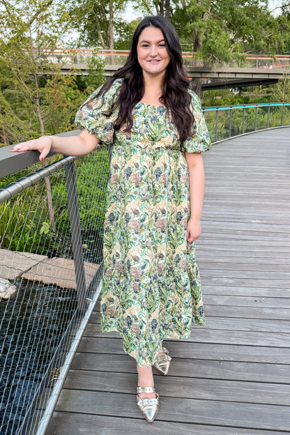 All Dressed Up Olive &amp; Multi Floral Bow Back Midi Dress by Entro