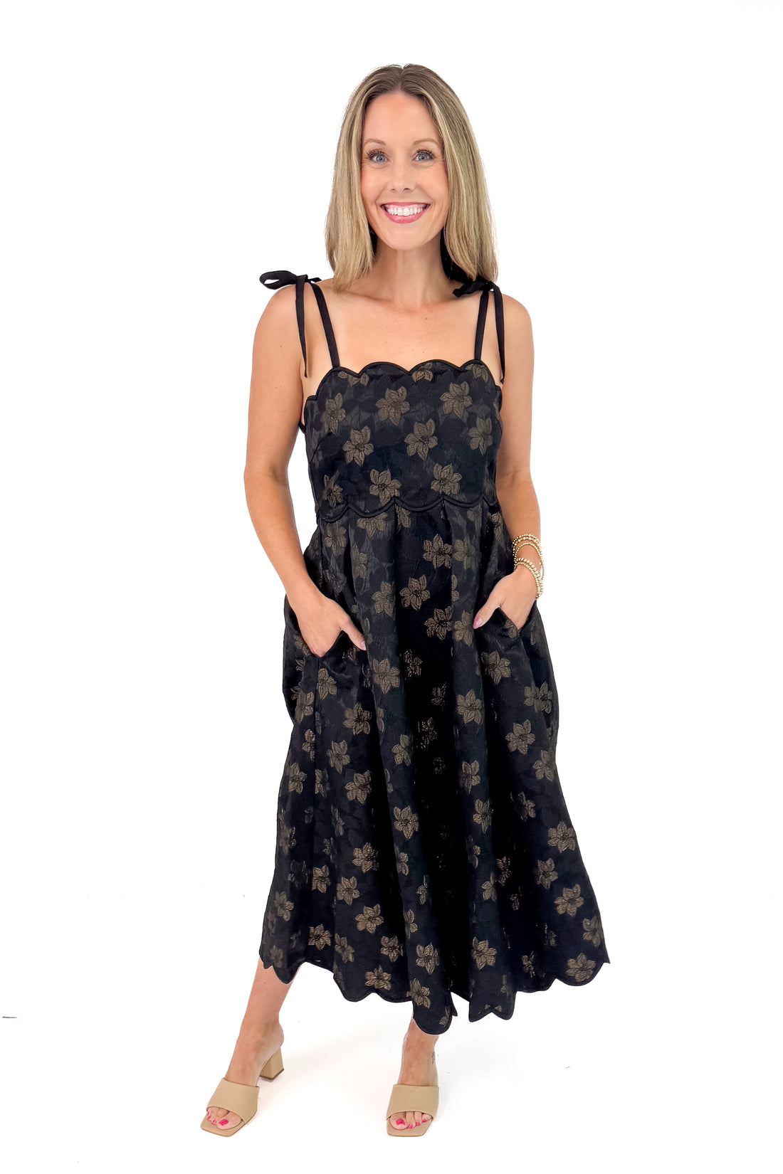 Brunch Besties Black With Gold Floral Scallop Hem Midi Dress