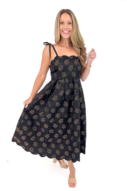 Brunch Besties Black With Gold Floral Scallop Hem Midi Dress