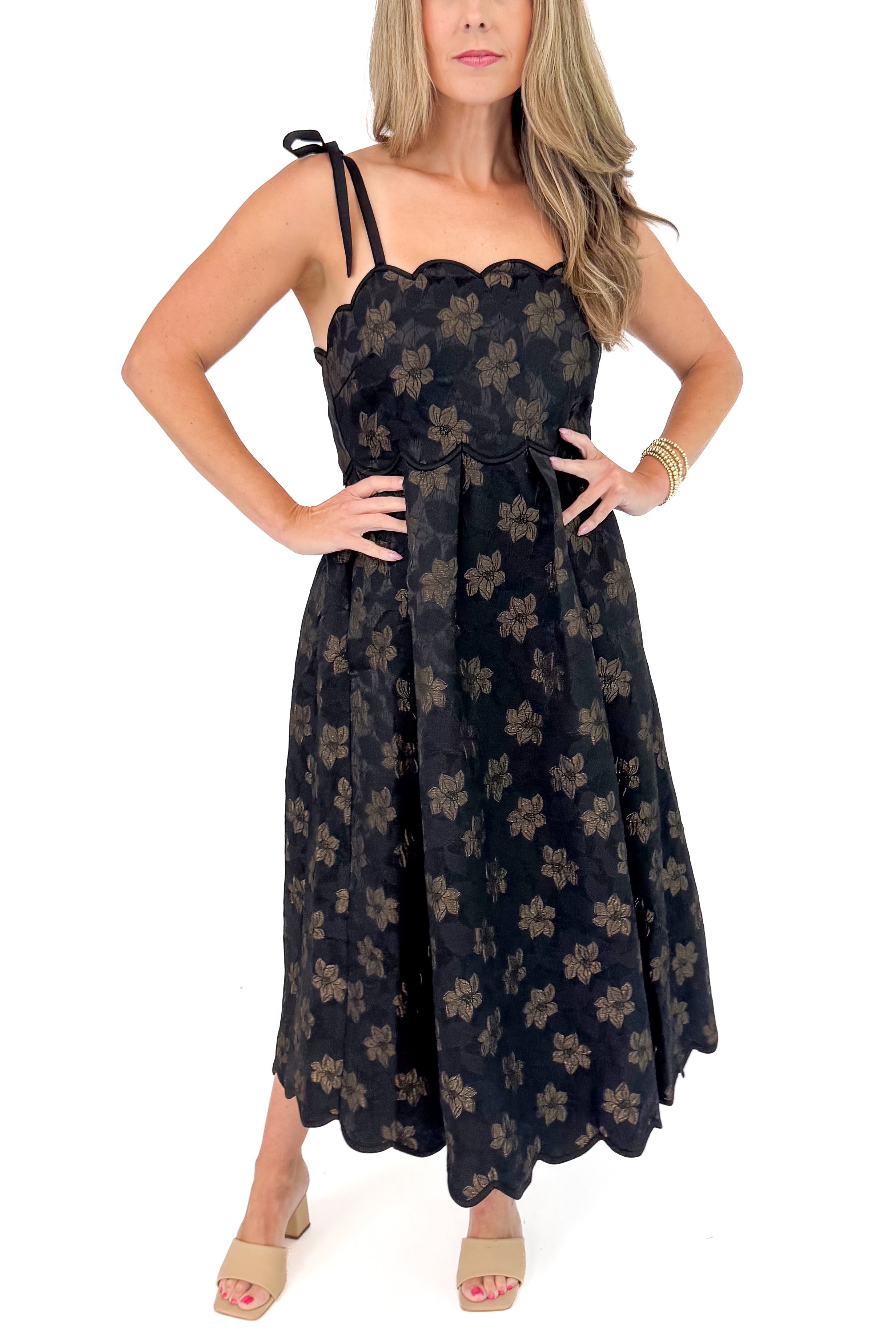Brunch Besties Black With Gold Floral Scallop Hem Midi Dress