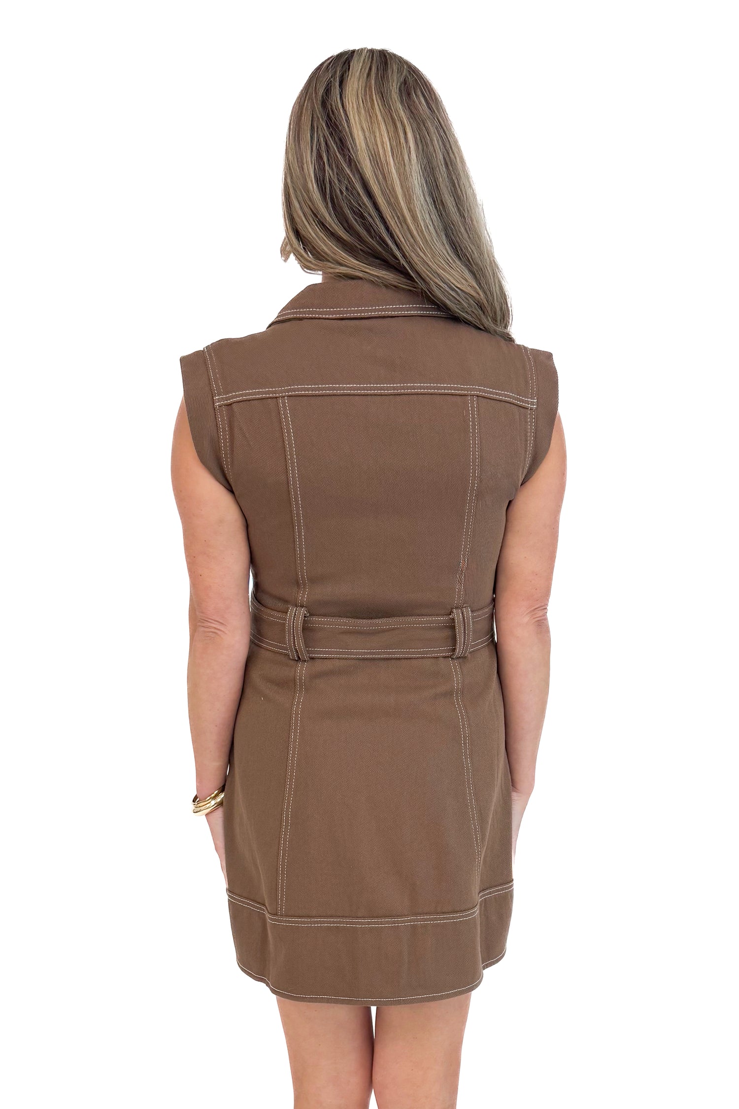 Woman wearing Turn Over A New Leaf Brown Denim Button Up Dress by Entro - back view showing brown denim fabric