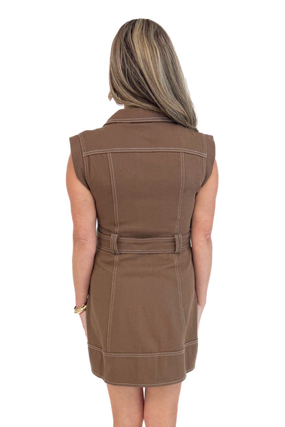 Woman wearing Turn Over A New Leaf Brown Denim Button Up Dress by Entro - back view showing brown denim fabric
