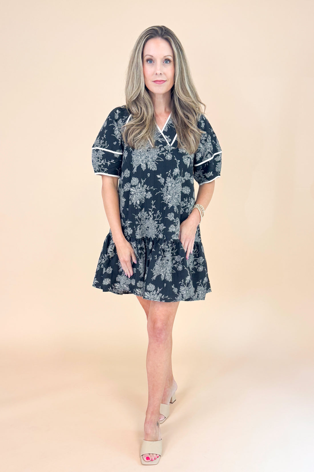 In Full Swing Black Floral V-neck Short Sleeve Dress