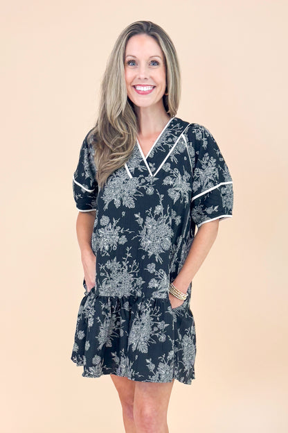 In Full Swing Black Floral V-neck Short Sleeve Dress