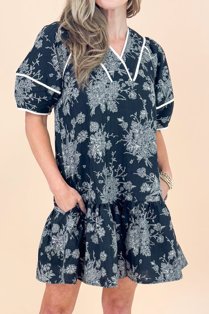 In Full Swing Black Floral V-neck Short Sleeve Dress