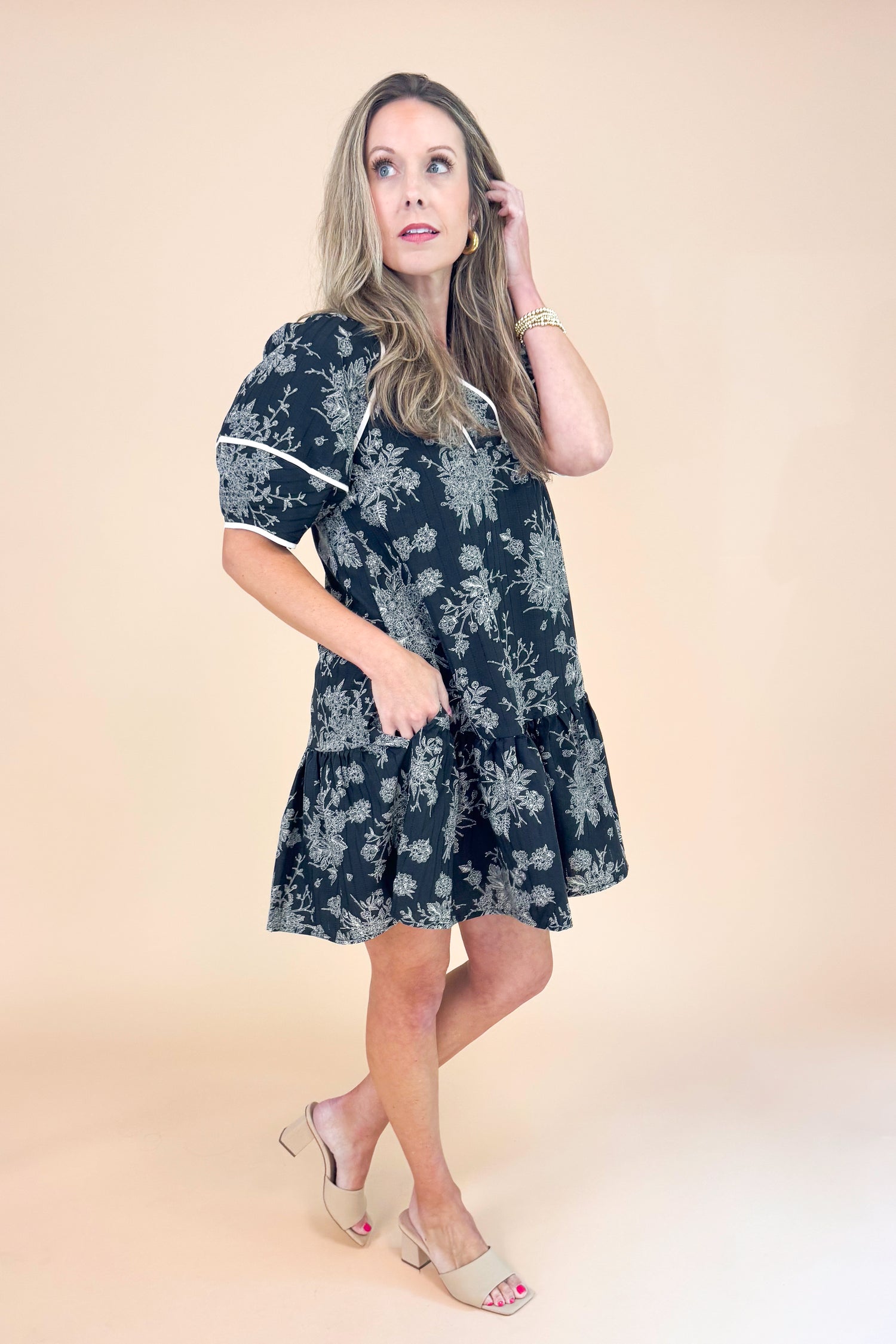 In Full Swing Black Floral V-neck Short Sleeve Dress