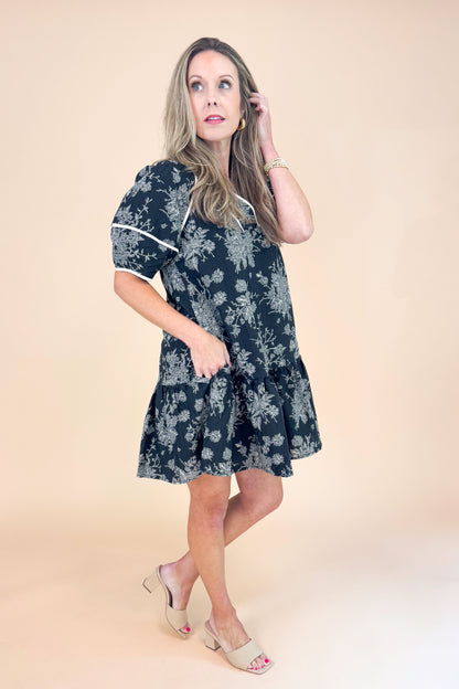 In Full Swing Black Floral V-neck Short Sleeve Dress