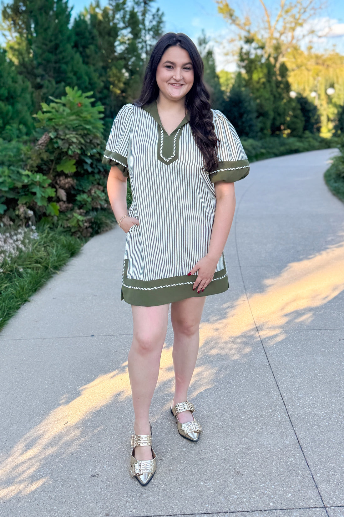 First Things First Olive &amp; Cream Striped With Olive Lining Dress by Entro