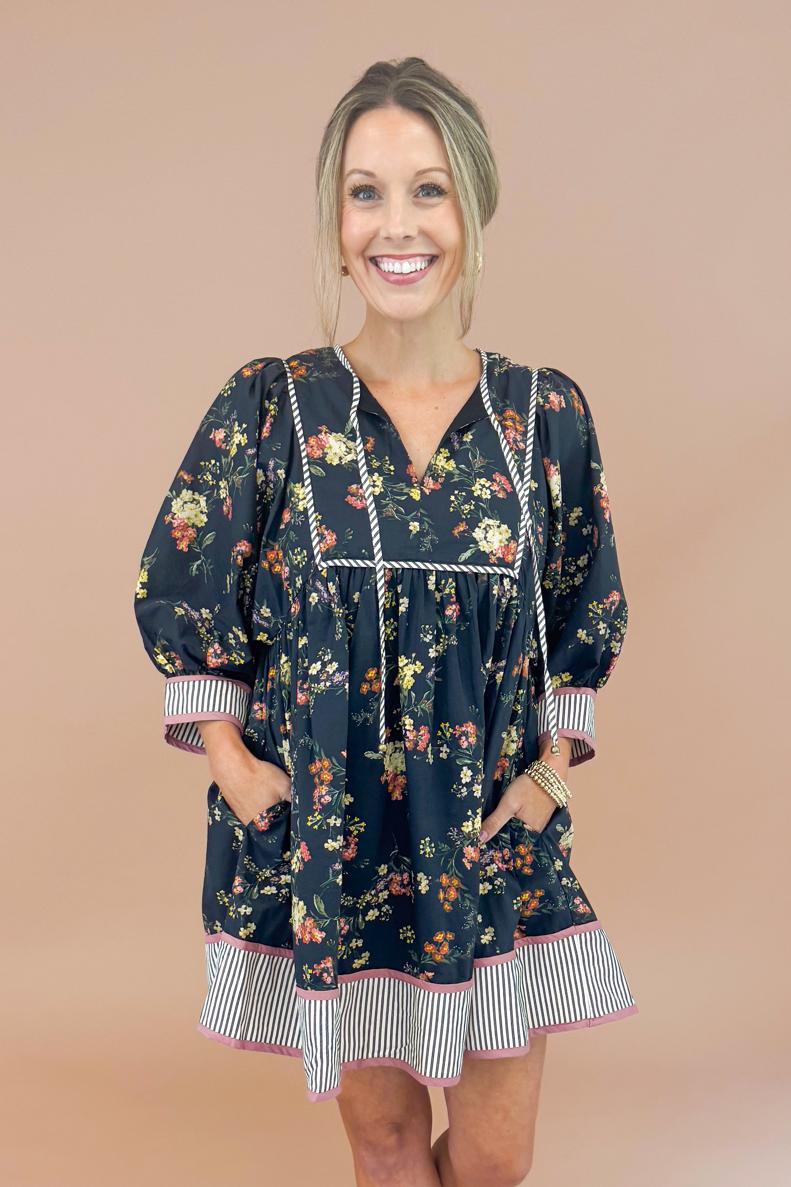 Beat Drop Black Floral Printed With Stripe Lining 3/4 Sleeve Dress