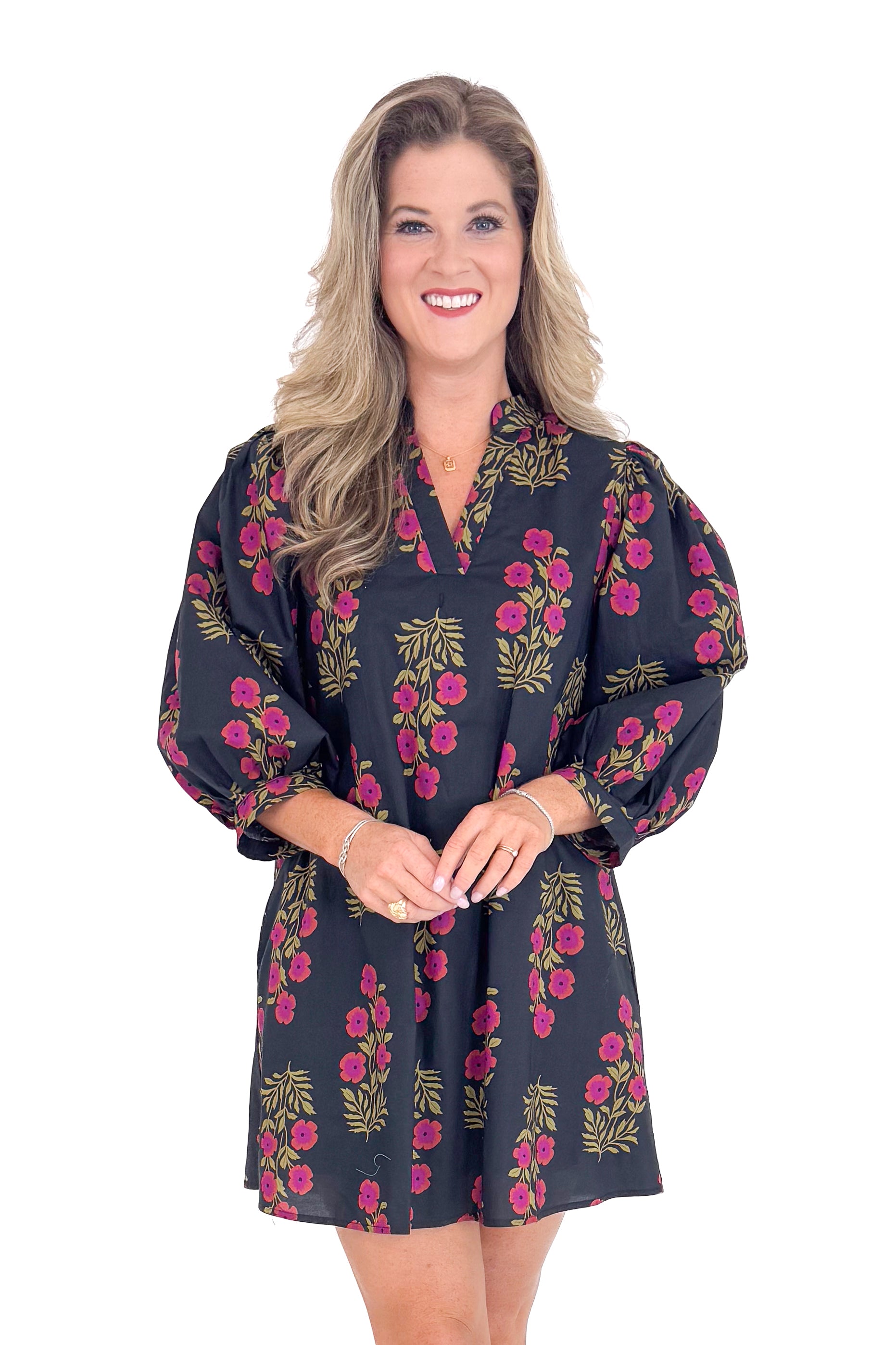 Wine &amp; Shine Black With Burgundy &amp; Olive Floral Print Dress by Entro