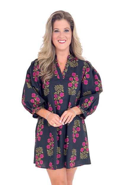 Wine &amp; Shine Black With Burgundy &amp; Olive Floral Print Dress by Entro