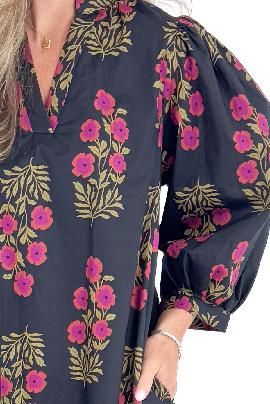 Wine &amp; Shine Black With Burgundy &amp; Olive Floral Print Dress by Entro