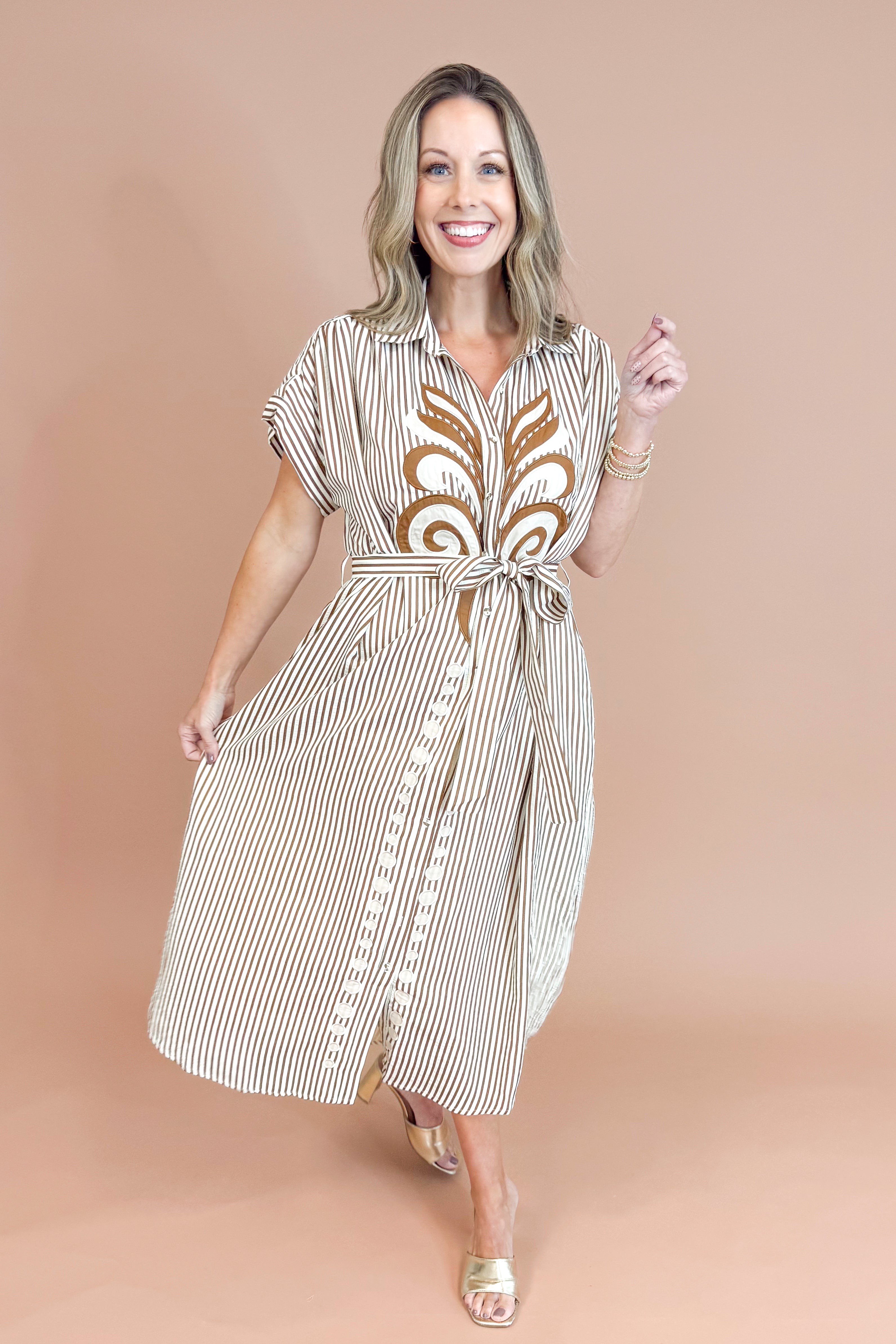 Living Loud Caramel Striped Embroidered Midi Dress by Entro