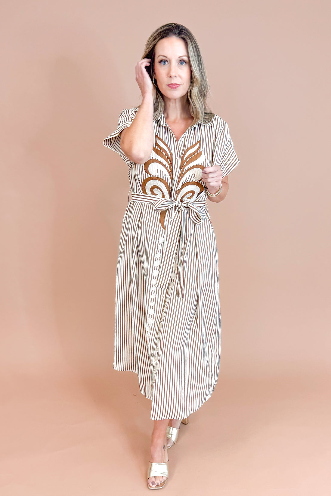 Living Loud Caramel Striped Embroidered Midi Dress by Entro