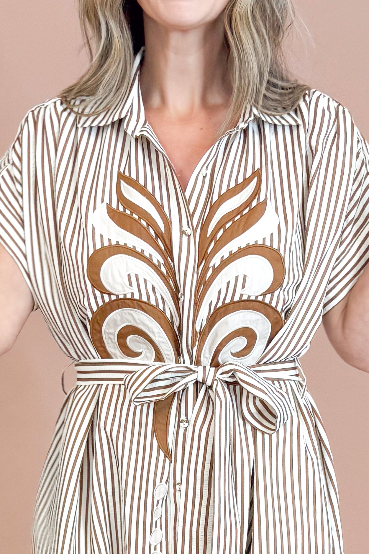 Living Loud Caramel Striped Embroidered Midi Dress by Entro