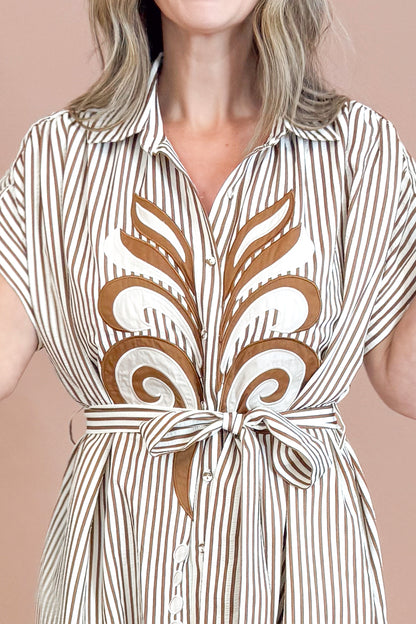 Living Loud Caramel Striped Embroidered Midi Dress by Entro