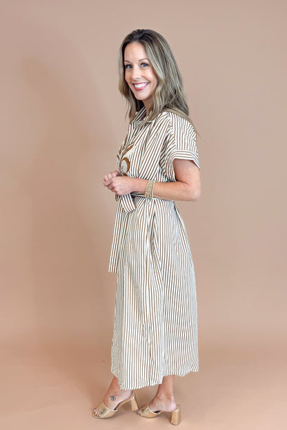 Living Loud Caramel Striped Embroidered Midi Dress by Entro
