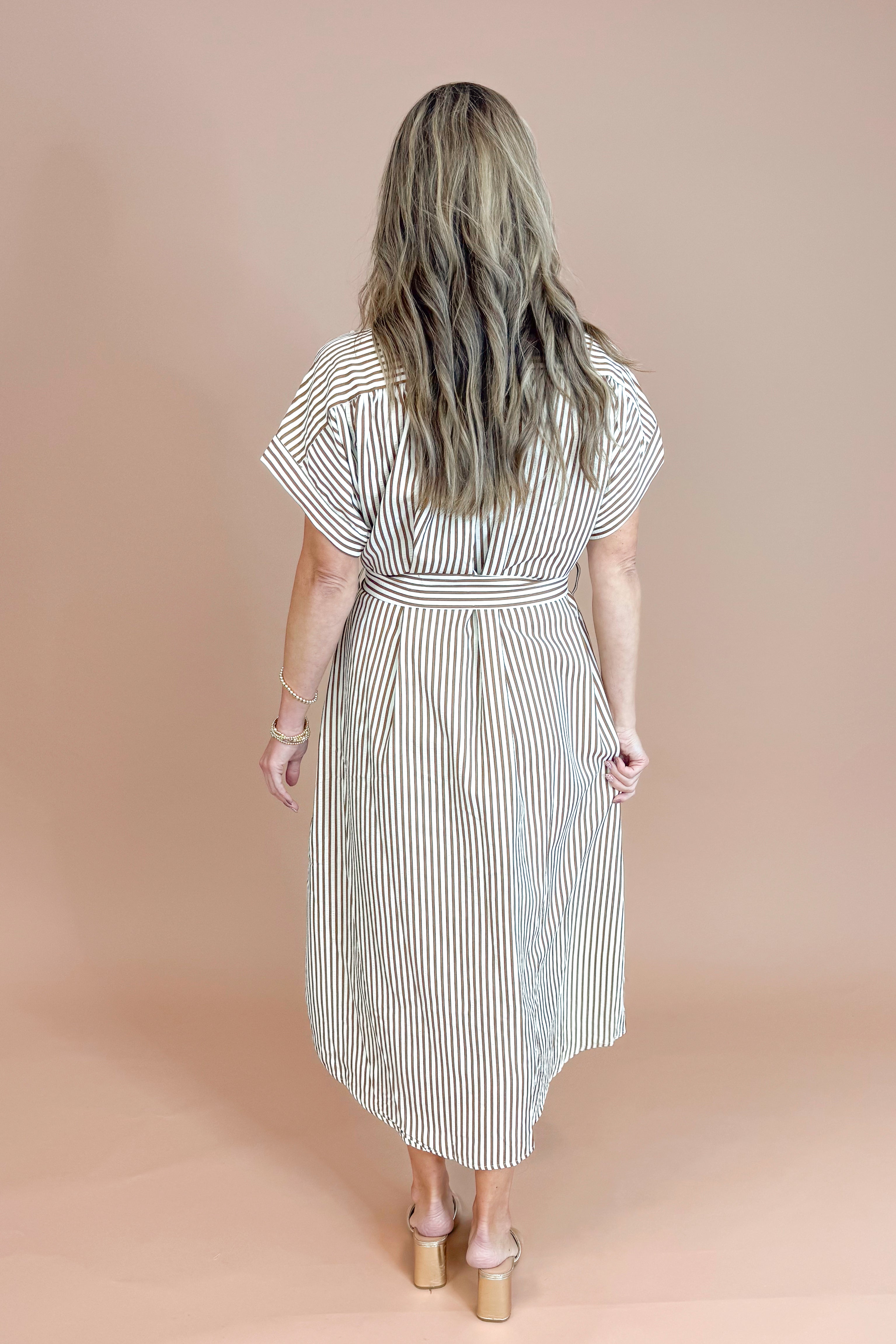 Living Loud Caramel Striped Embroidered Midi Dress by Entro