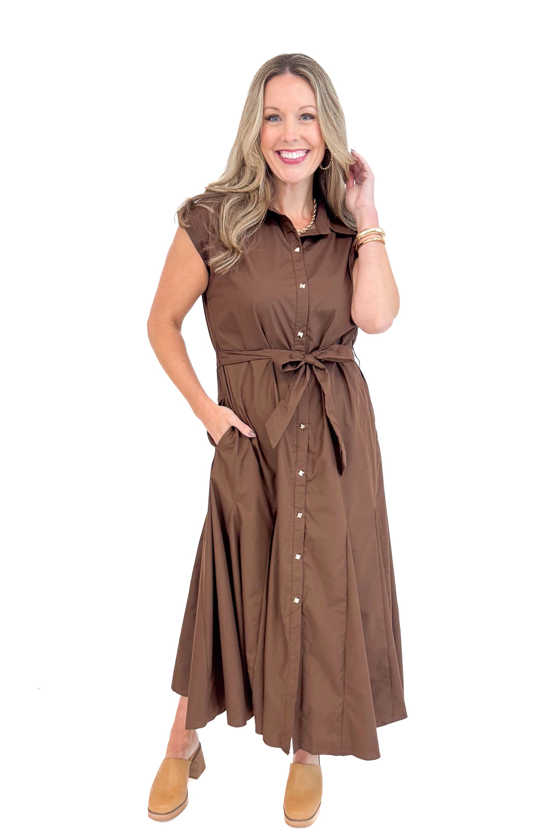Woman wearing By The Firelight Chocolate Button Up Midi Dress by Entro - front view showing button-up design and midi length