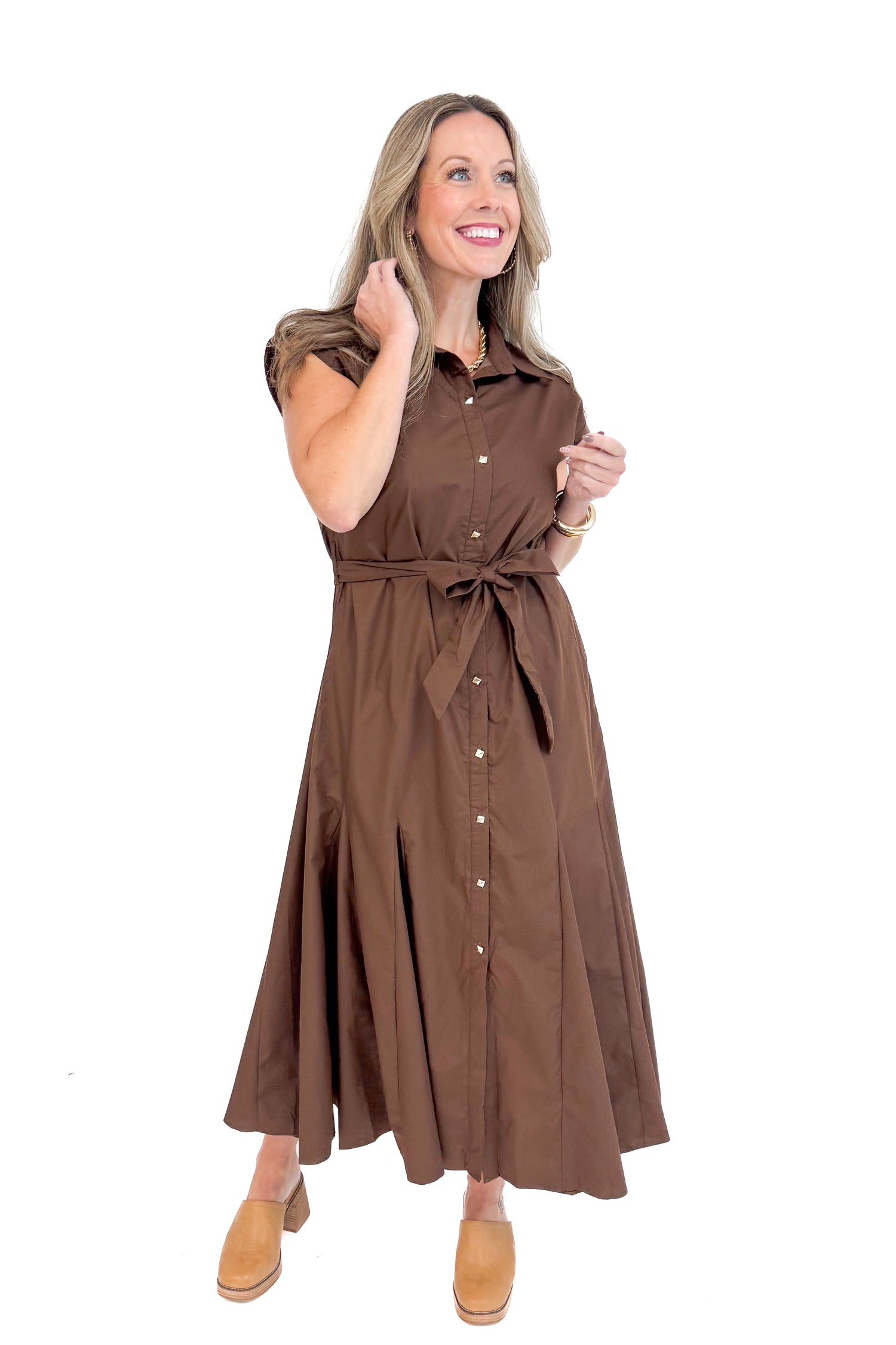 Woman wearing By The Firelight Chocolate Button Up Midi Dress by Entro - front view showing button-up design and midi length