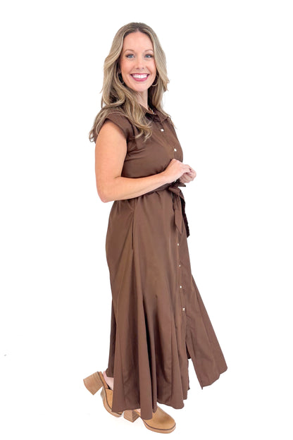 Woman wearing By The Firelight Chocolate Button Up Midi Dress by Entro - side view midi length