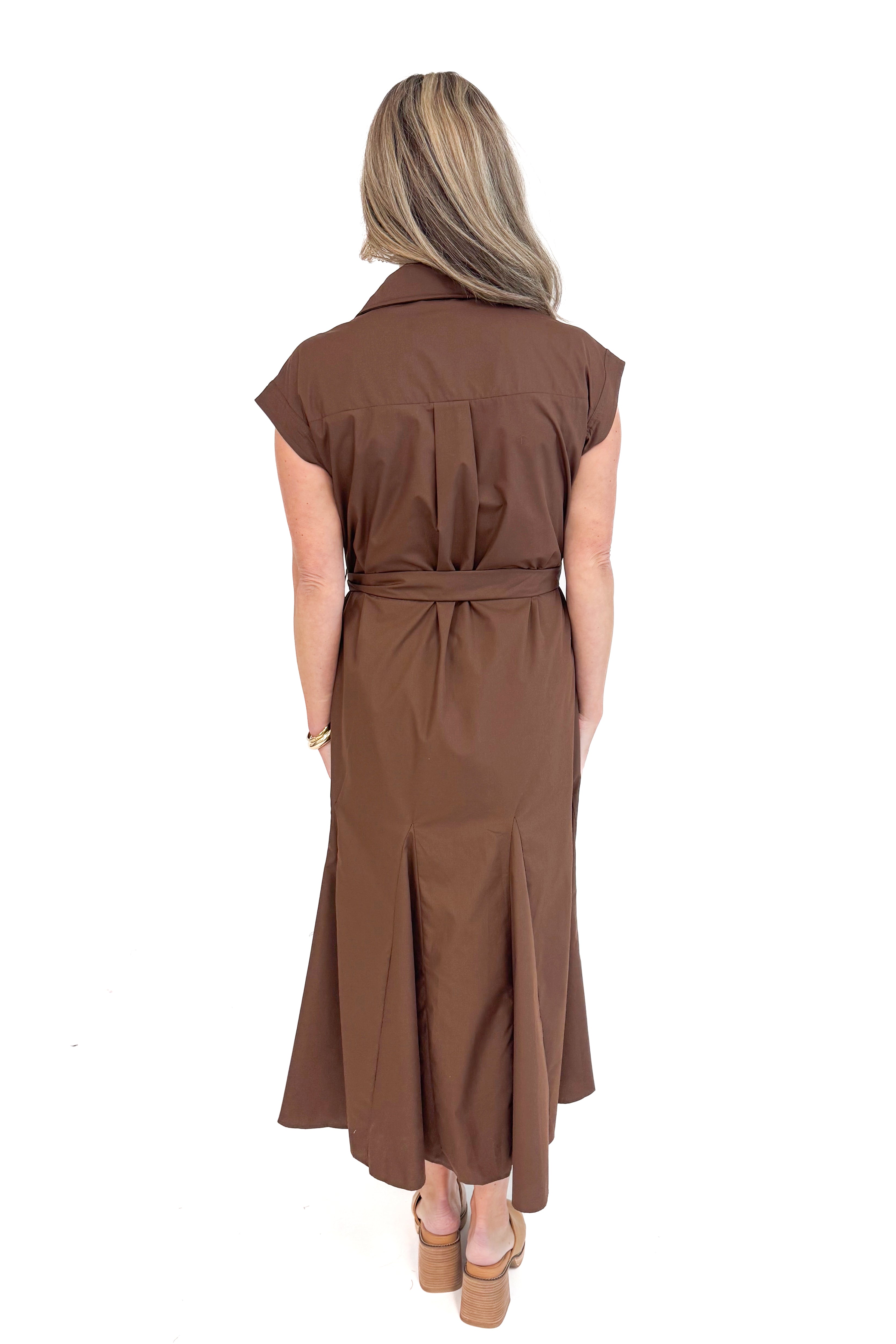Woman wearing By The Firelight Chocolate Button Up Midi Dress by Entro - rear view showing midi length
