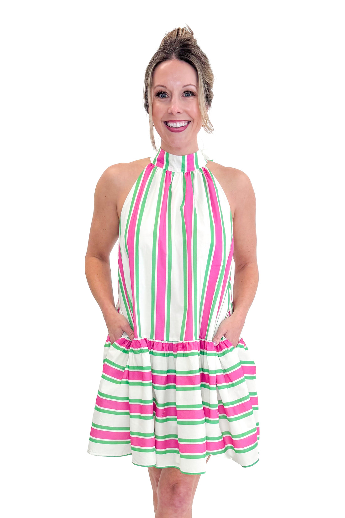 Front view of woman wearing Pink &amp; Green Striped Halter Neck Dress by Entro  against white studio background.