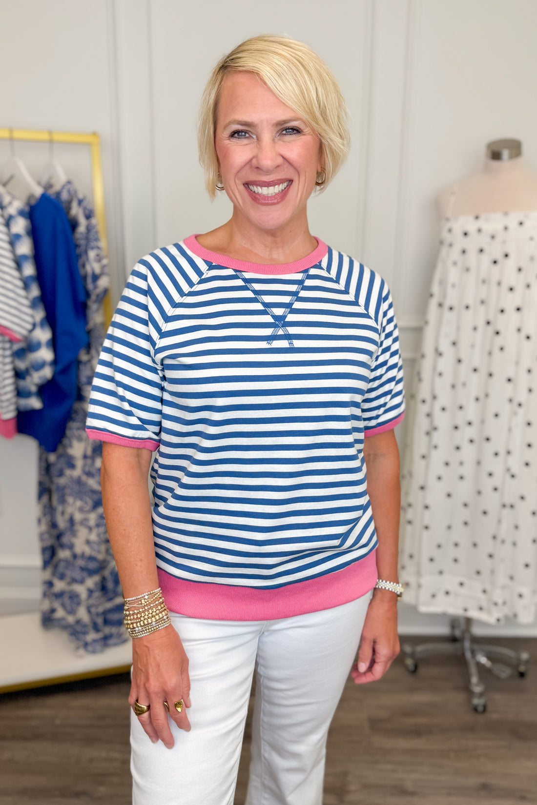Got To Have It Blue &amp; Pink Striped Short Sleeve Sweatshirt