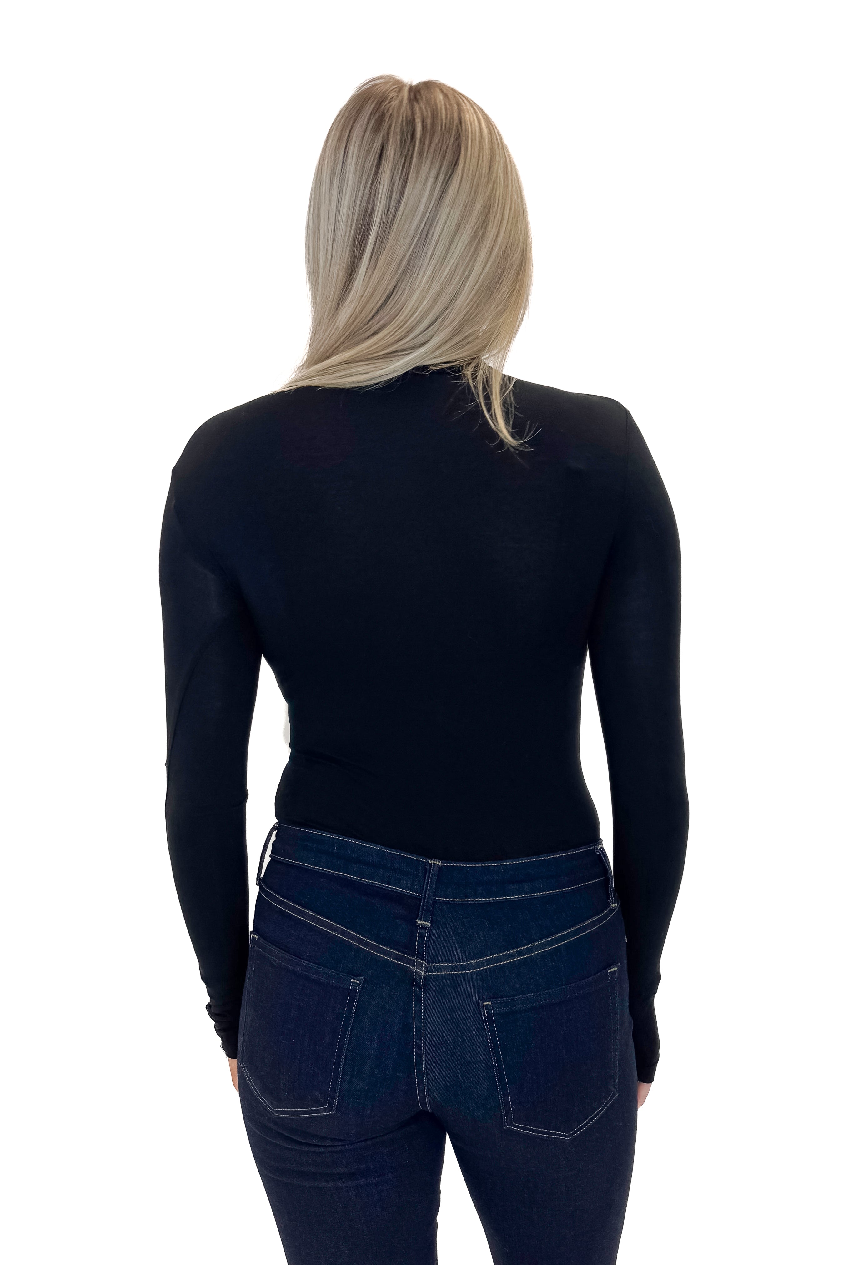 Back view of woman wearing Black Turtleneck Bodysuit with jeans against white studio background.