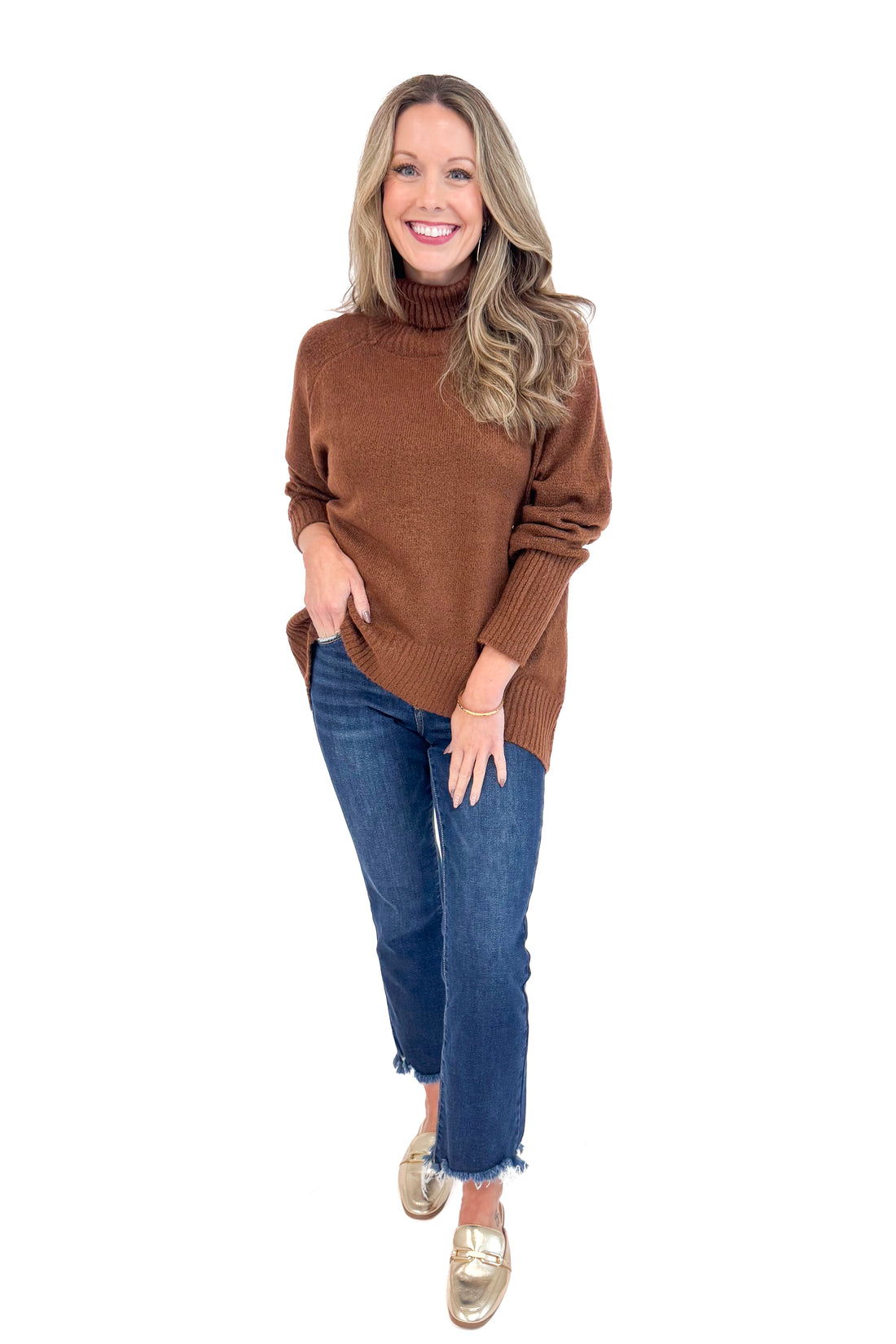 Full length of Spiced Just Right Chestnut Turtleneck Sweater showing rich chestnut color and soft knit texture