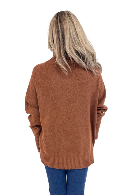 Back view of Spiced Just Right Chestnut Turtleneck Sweater showing rich chestnut color and soft knit texture