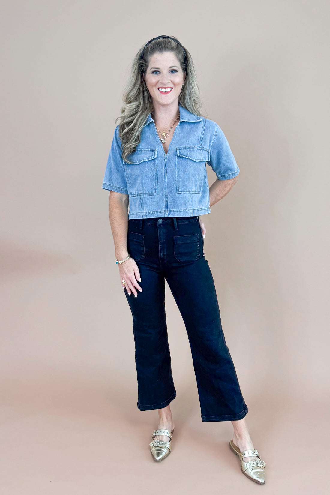 Mug Life Denim Double Pocket Top