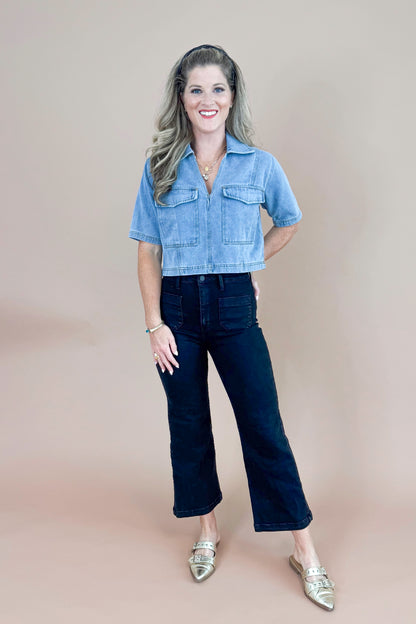 Mug Life Denim Double Pocket Top