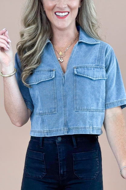 Mug Life Denim Double Pocket Top