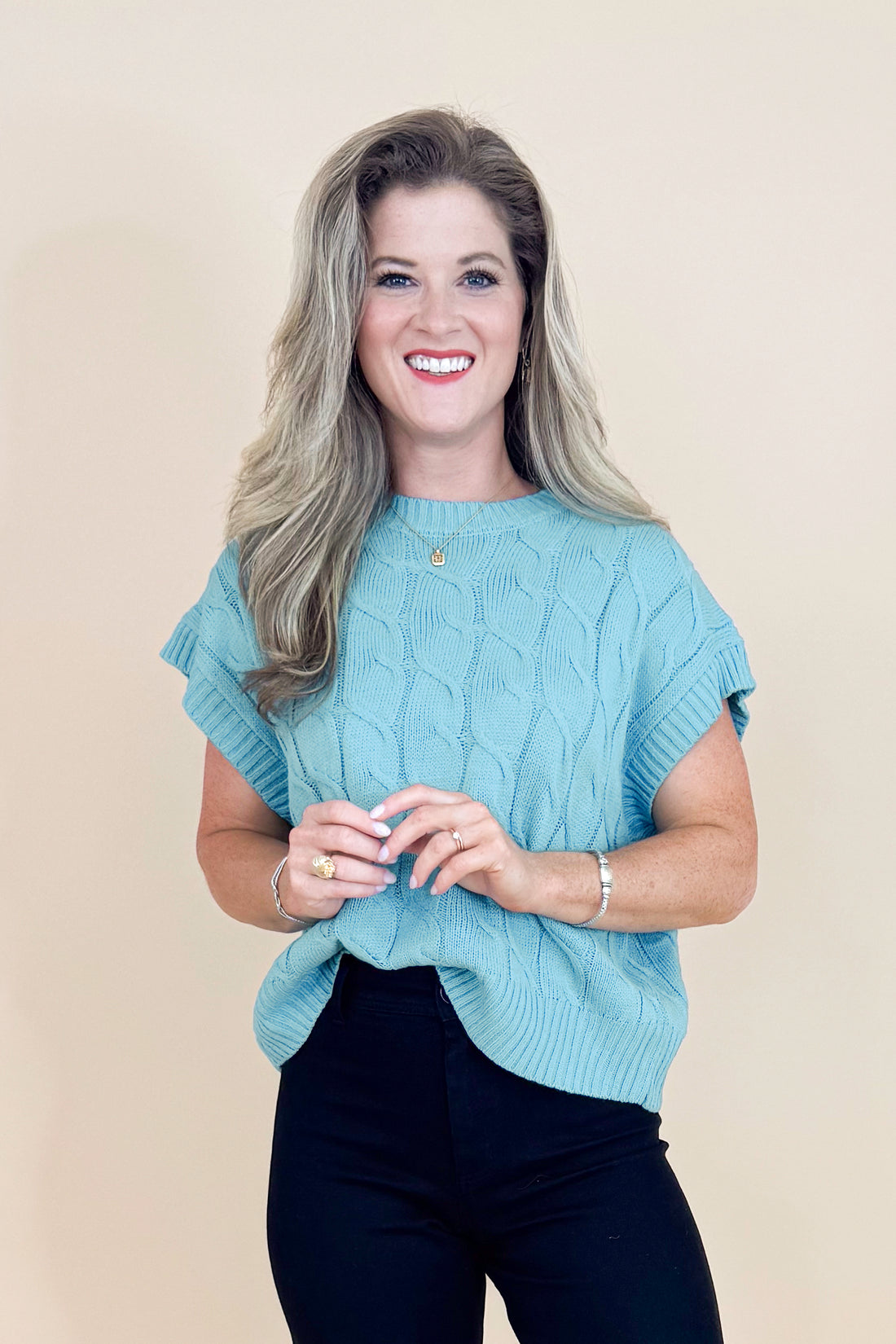 Heaven Sent Blue Cable Knit Short Sleeve Sweater