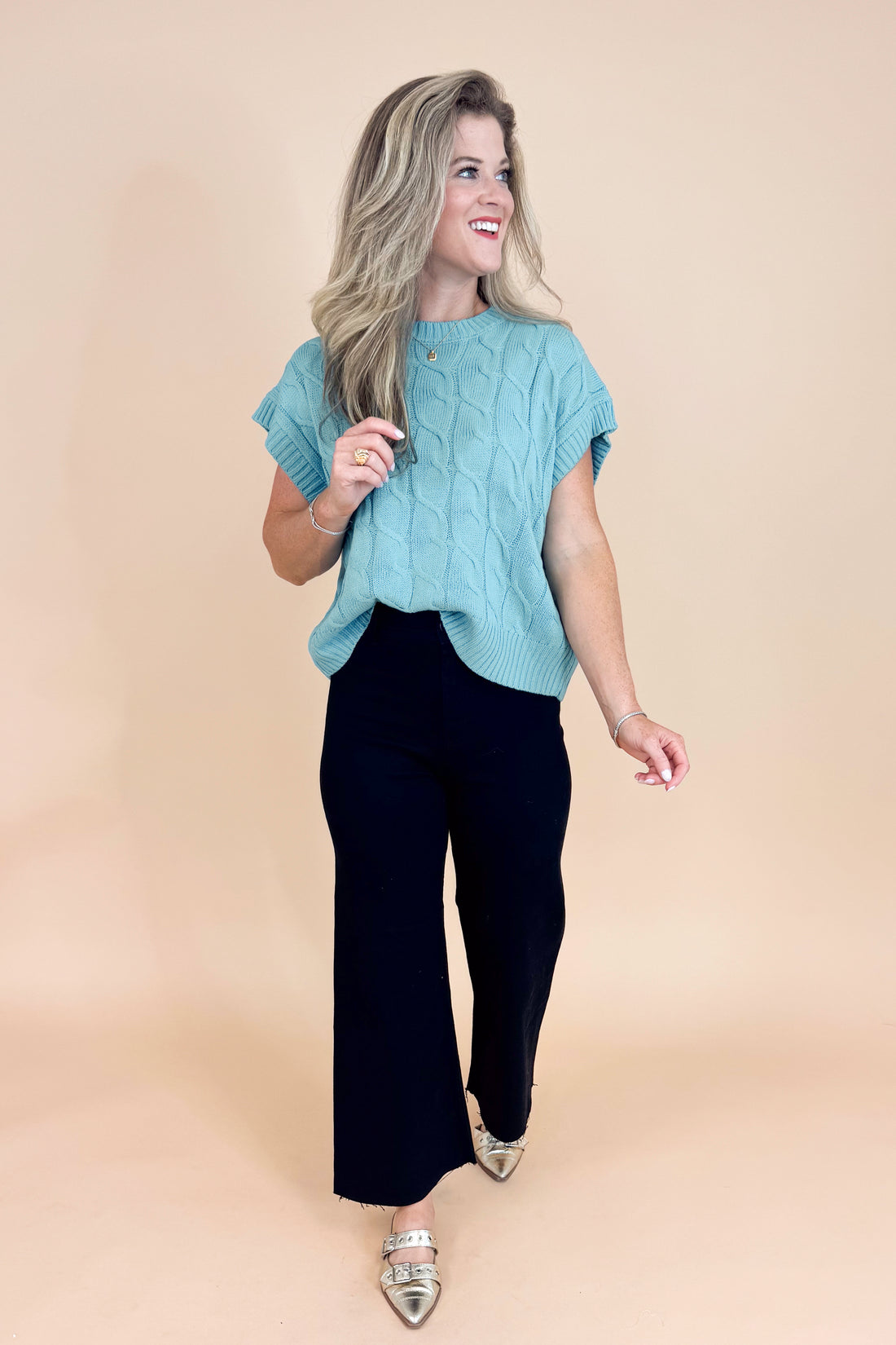 Heaven Sent Blue Cable Knit Short Sleeve Sweater