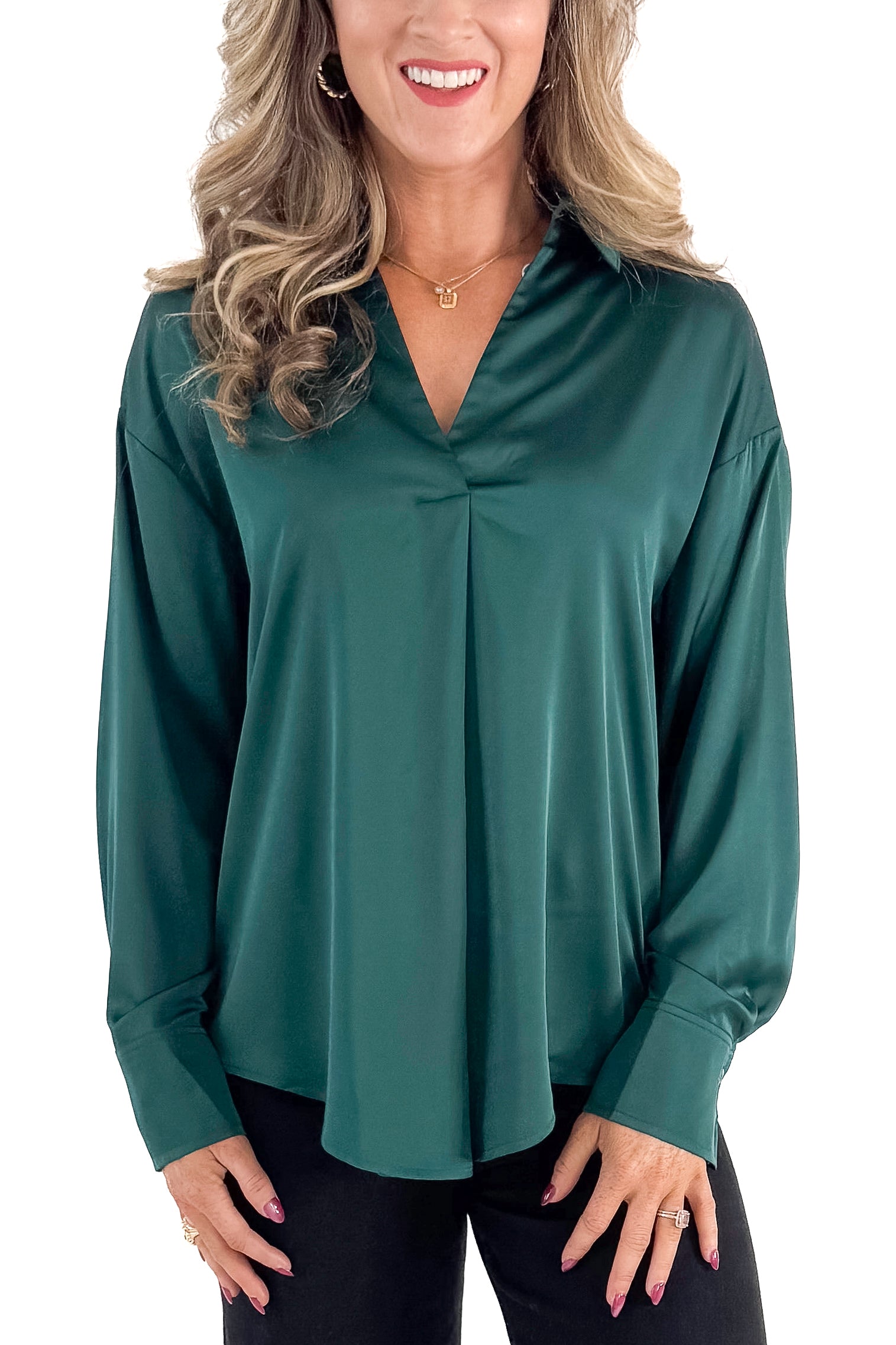 Front detailed view of woman wearing Green Satin Collared V-neck Top with jeans against white studio background.