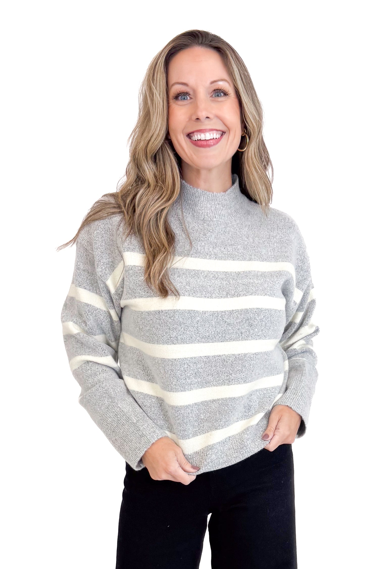 Light As Air Gray &amp; Cream Striped Mock Neck Sweater
