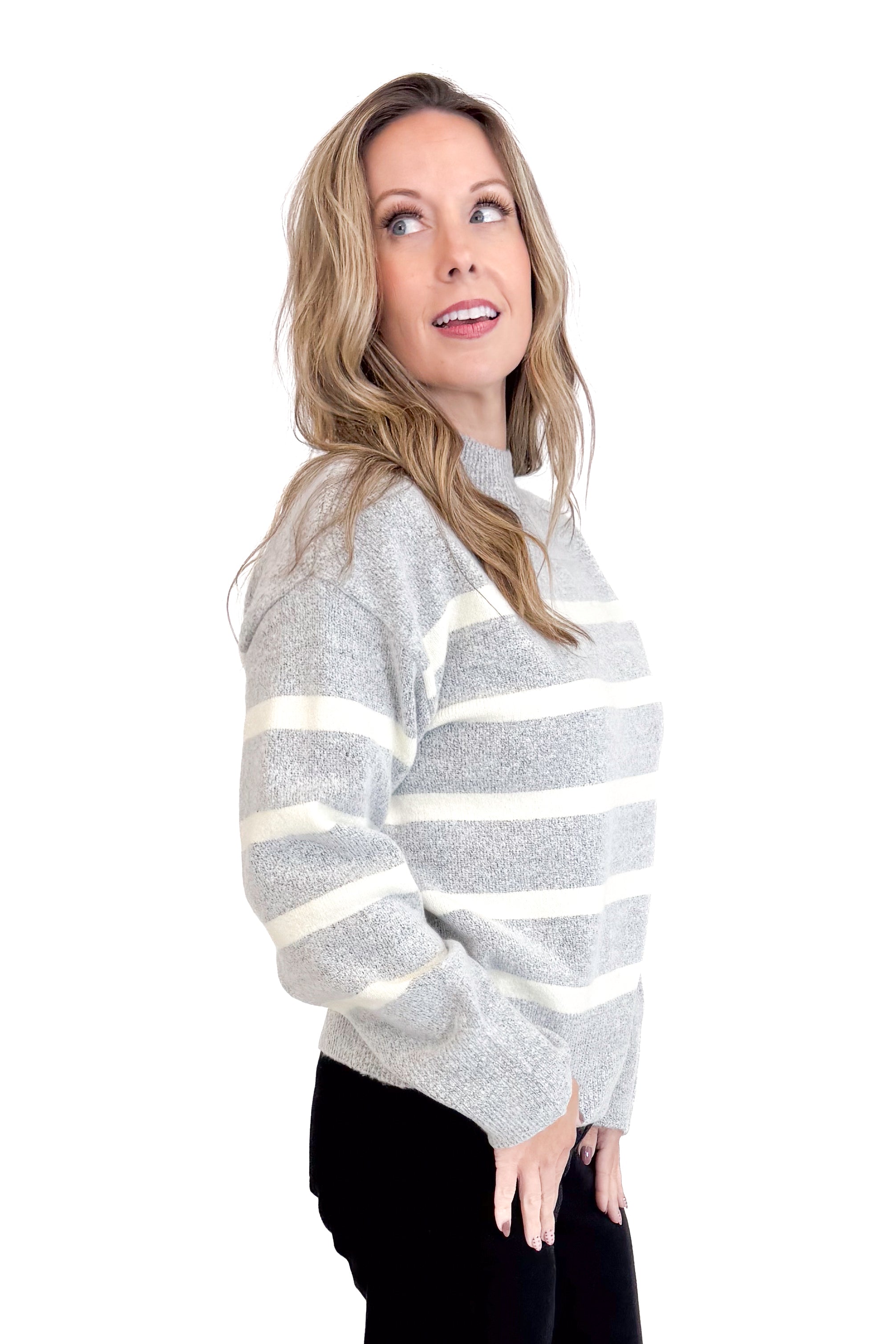 Light As Air Gray &amp; Cream Striped Mock Neck Sweater