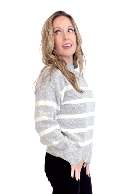 Light As Air Gray &amp; Cream Striped Mock Neck Sweater