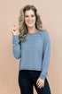 Full Circle navy and cream striped long sleeve top - front view on model