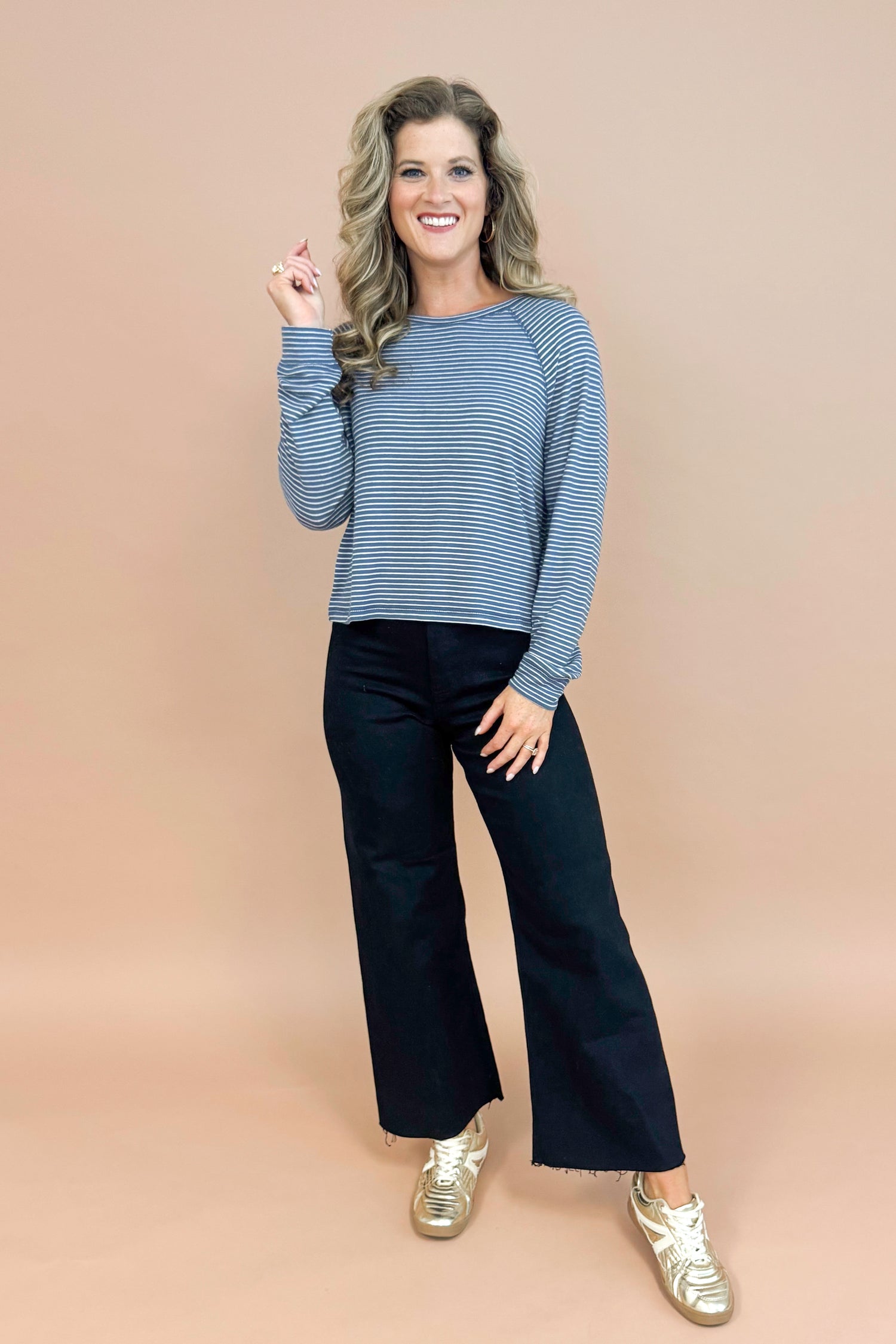 Full Circle navy and cream striped long sleeve top - front view full on model